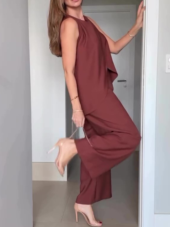 Brown Sleeveless Top High Waist Wide Leg Pants Set