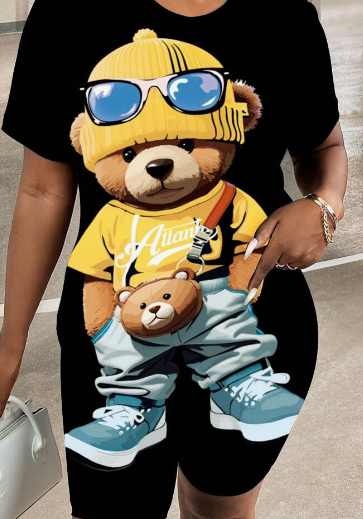 Casual Printed Cute Bear Pattern 2pcs Set For Women, Suitable For Summer
