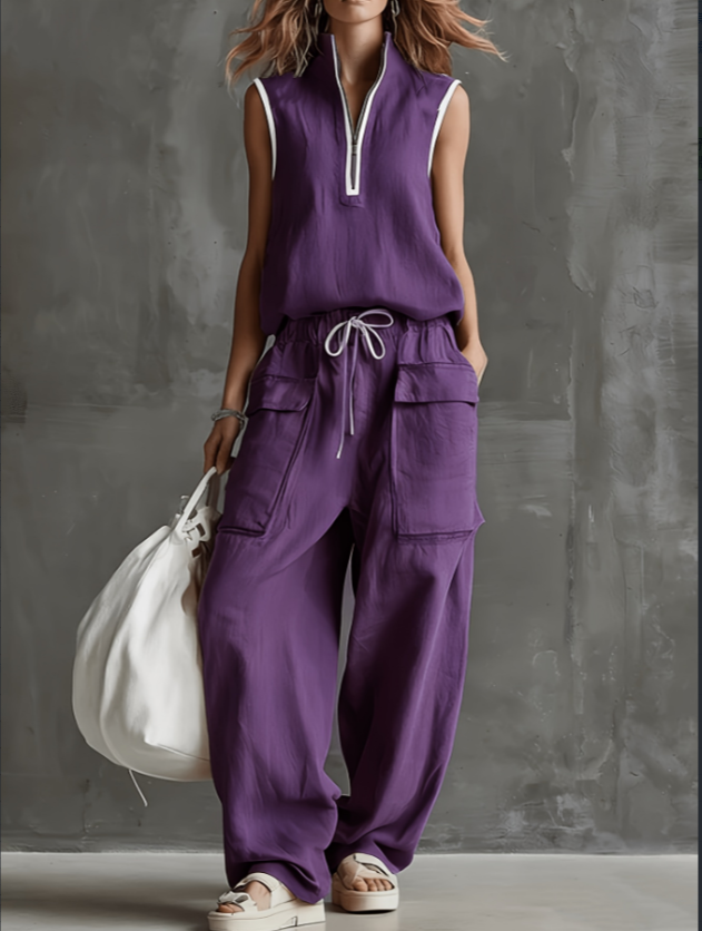 2026 New Spring And Summer Half Zipper Stand Collar Linen Sensing Workwear Two-piece Set