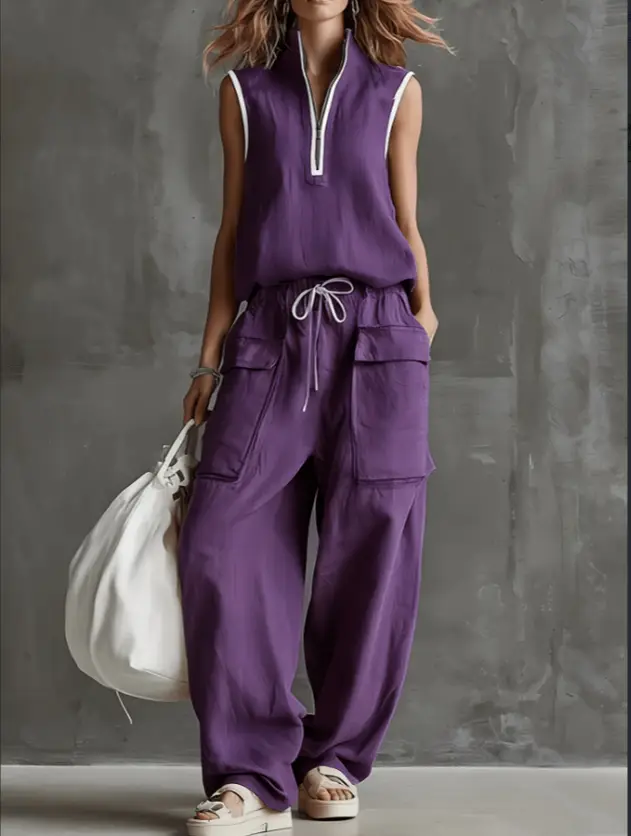 2026 New Spring And Summer Half Zipper Stand Collar Linen Sensing Workwear Two-piece Set