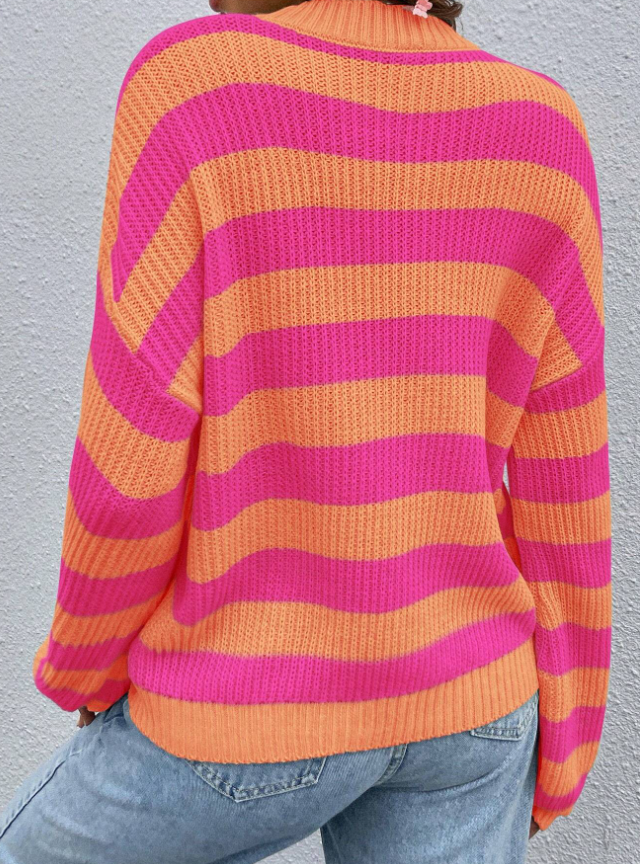 Striped Pattern Drop Shoulder Sweater,Long Sleeve Tops