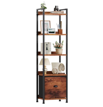 5-layer Bookshelf, Bookcase With Fabric Drawers, Wooden And Metal Storage Boxes image 3
