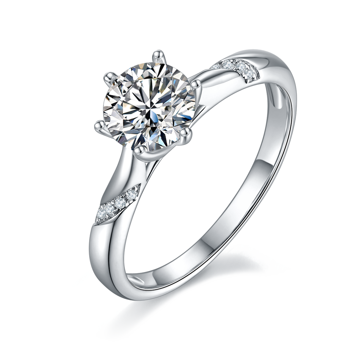 S925 Sterling Silver 1ct Moissanite Engagement Ring, D-VVS1 Round Cut 6-Prong Twisted Band, Platinum Plated US Sizes 5-9, GRA Certificate Gift Box