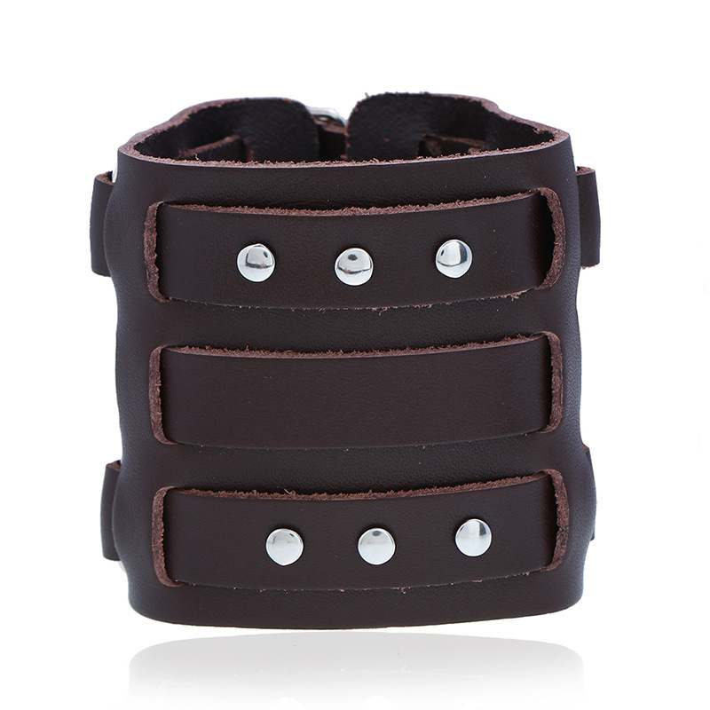 Title 4, Studded Punk Wide Leather Leather Bracelet Exag...