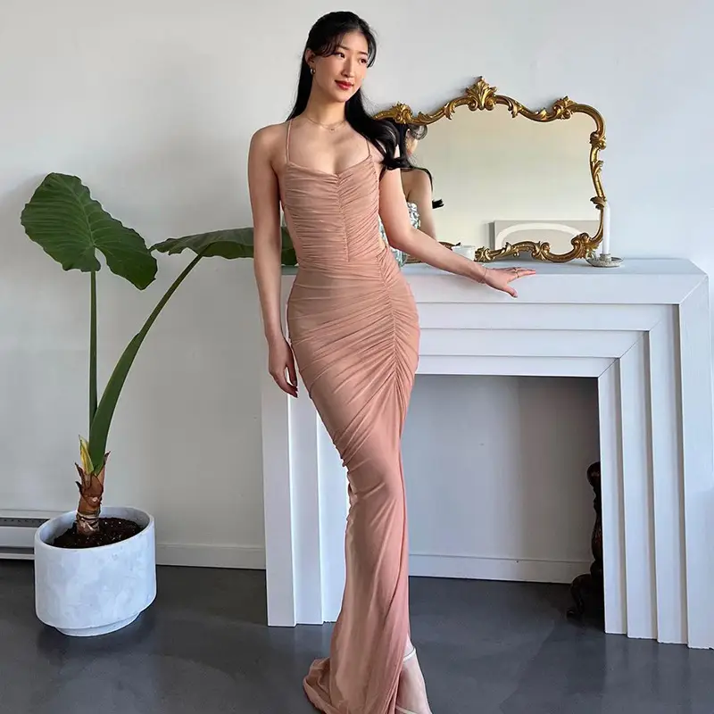 Women's Sleeveless Bodycon Maxi Dress with Split and Ruched Detail