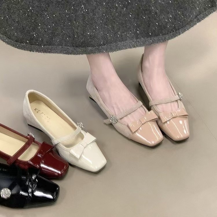 Women Elegant Single Crystal Rhinestone Buckle Mini Front Bow Flats, Soft Flexible Comfy Casual Daily Doll Loafer Slippers