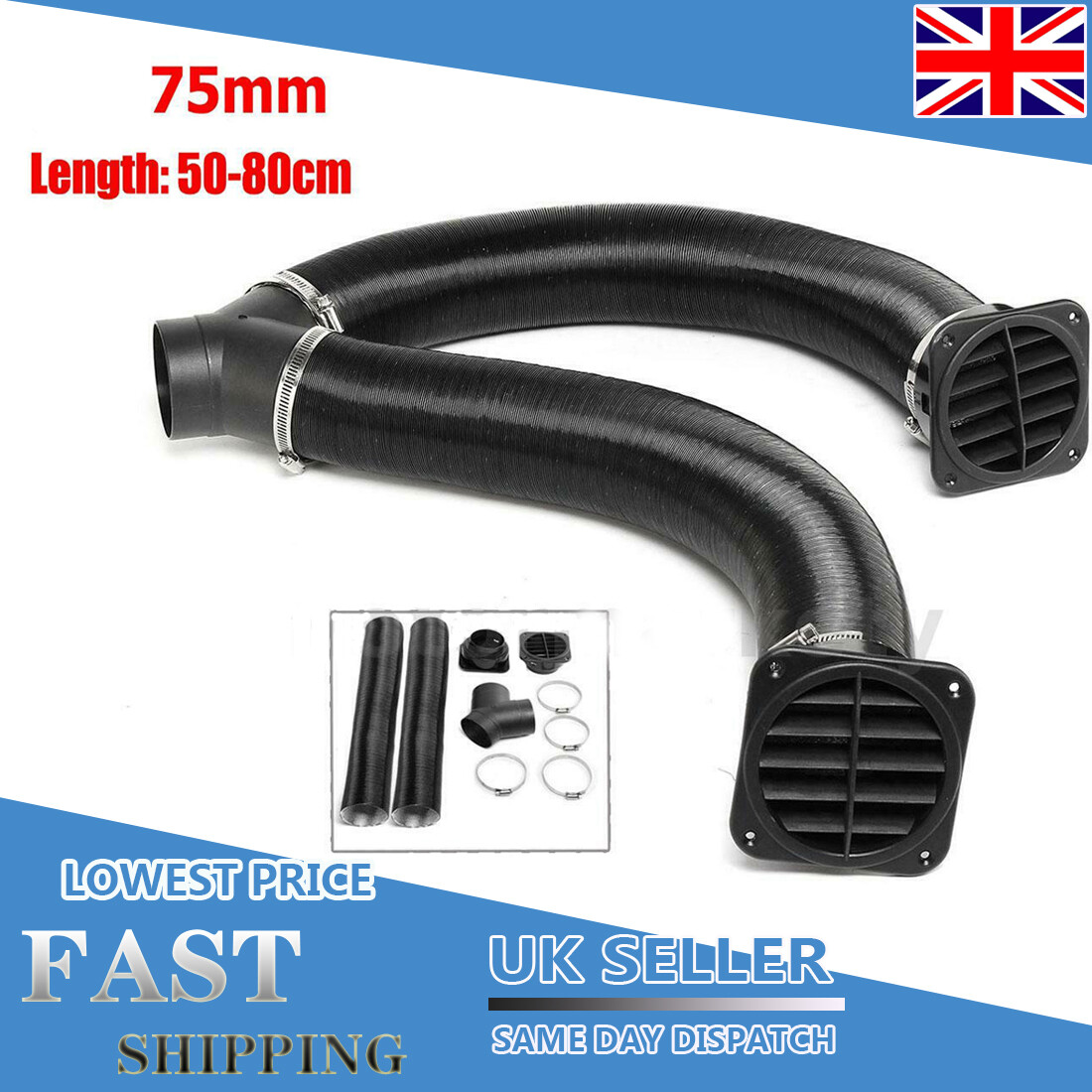 75mm Pipe Ducting Y Piece Warm Air Outlet Vent Hose Clip Kit For D Iesel Heater