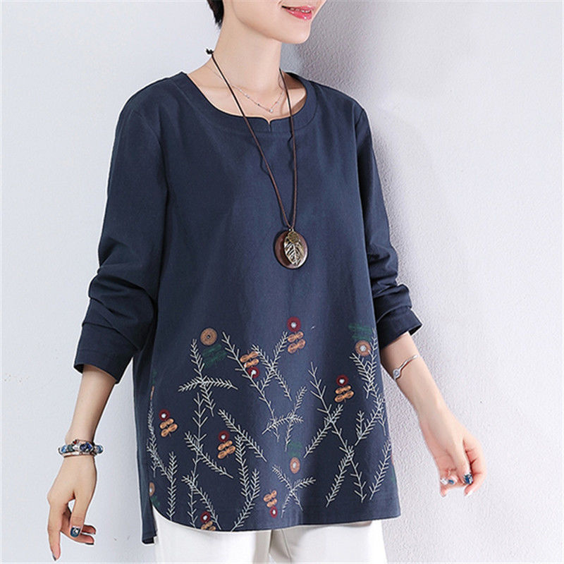 Title 6, Printed Loose Plus Size Cotton Long-sleeved T-s...