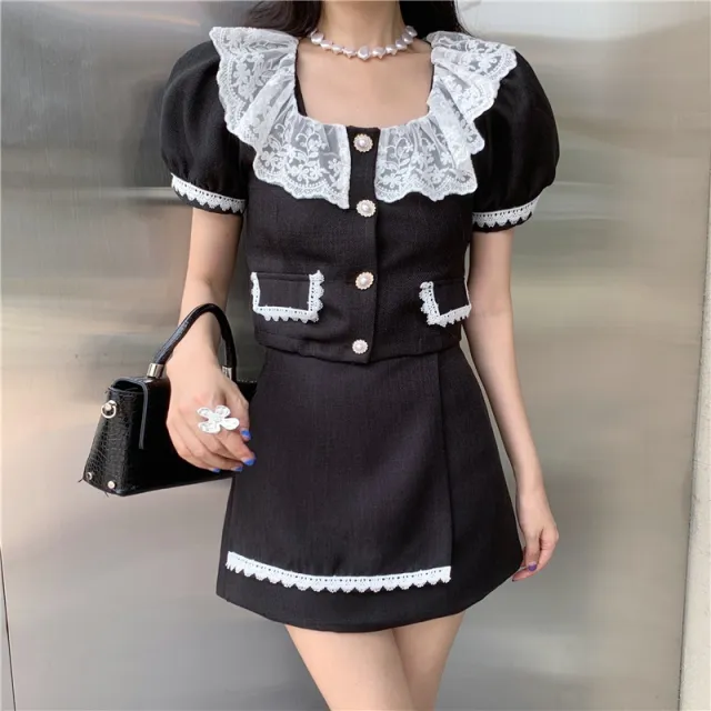 Lace Age Reduction Top And Skirt Two Piece Set Black - Shop at LoveMi