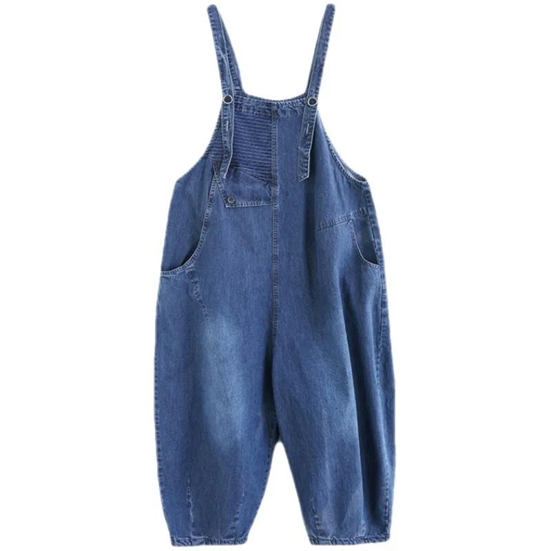 Women's Plus Size Korean Style Denim Wash Overalls - Blue