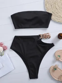 Solid Colour Hollow Bikini Split Swimsuit Swimsuit - Black - View 1