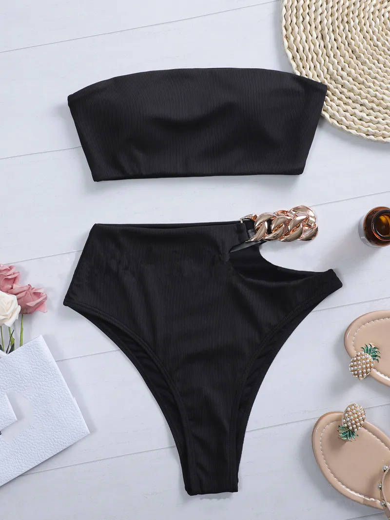 Solid Color Hollow Bikini Split Swimsuit Swimsuit - Black