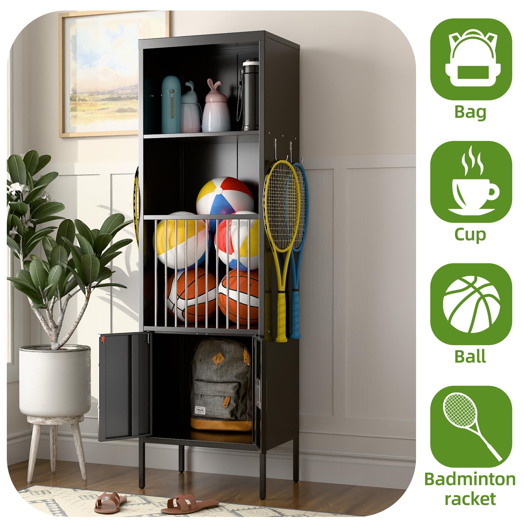 Aobabo 72inch H Metal Storage Locker For Gym, For Stores Sports Gear Footballs, Rugby Balls And Tennis, Open Storage Locker With Hooks For School, Gym, Black, Assembly Required