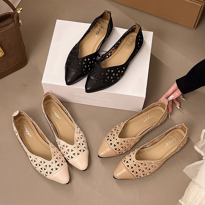 Women Minimalist Geometric Hollow Cutout Pointed Toe Flat Loafers, Breathable Woven Mesh Spliced Leather Slip On Lightweight Casual Daily Summer Ballerina Slippers