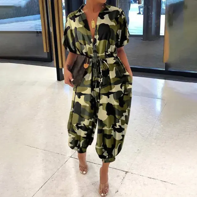 Women's Camo Short Sleeve Lapel High Waist Casual Loose Jumpsuit Army Green - Shop at LoveMi