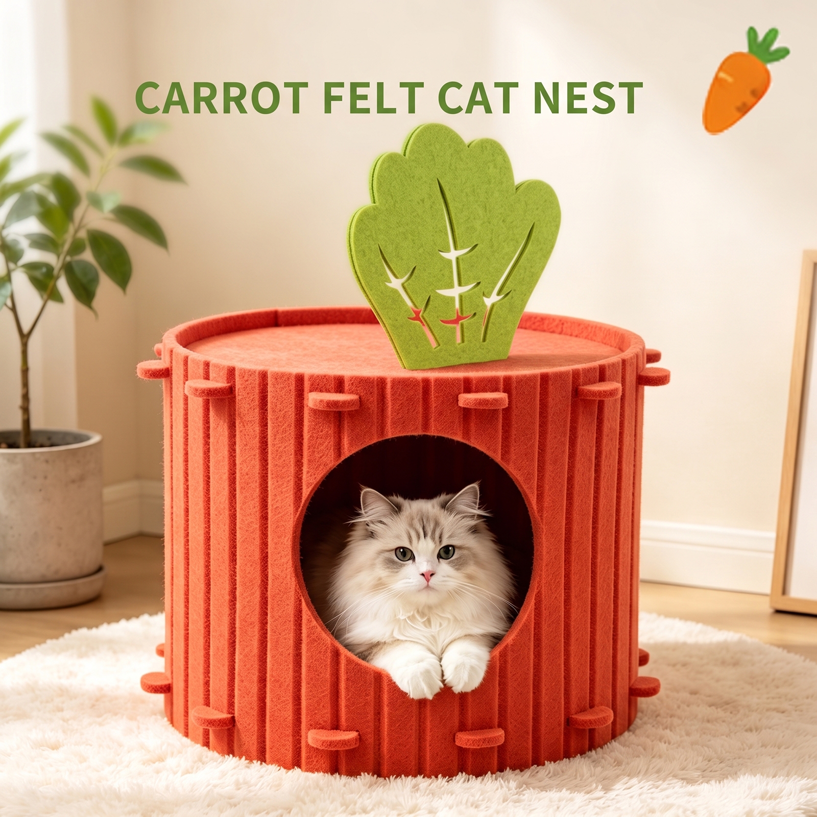 Carrot Shaped Felt Cat Cave Bed, Closed Indoor Cat House, Cozy Hideaway Nest For Small Medium Cats, Scratch Resistant Pet Shelter — foto 2