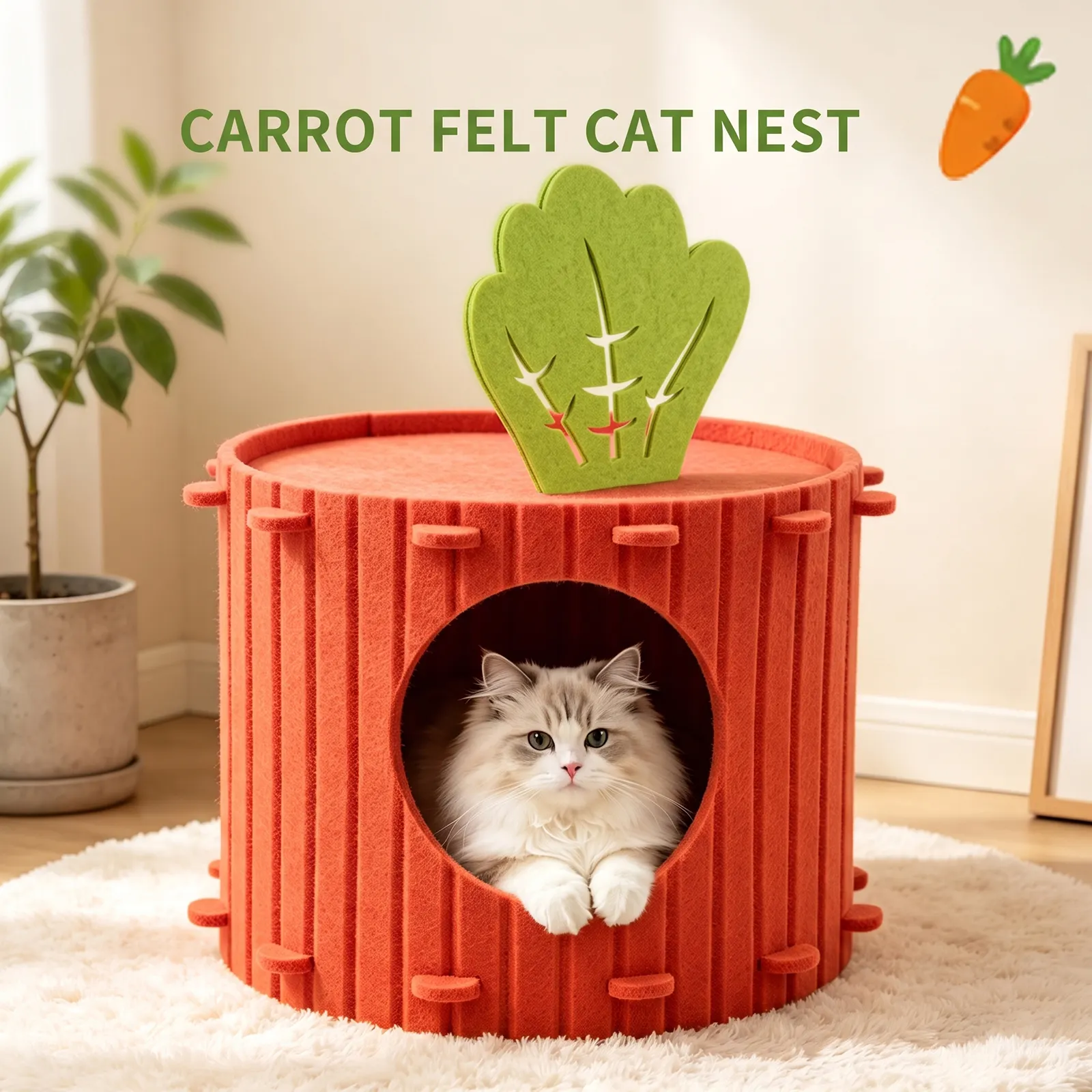 Carrot Shaped Felt Cat Cave Bed, Closed