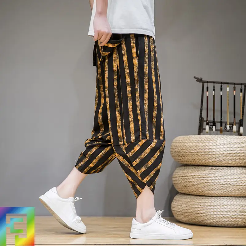 Striped Carrot Plus Size Loose Beach Pants Cropped Pants