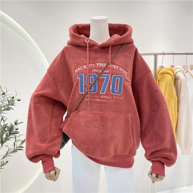 Double Face Fleece Loose Lazy Drawstring Hooded Sweatshirt Maroon - Shop at LoveMi