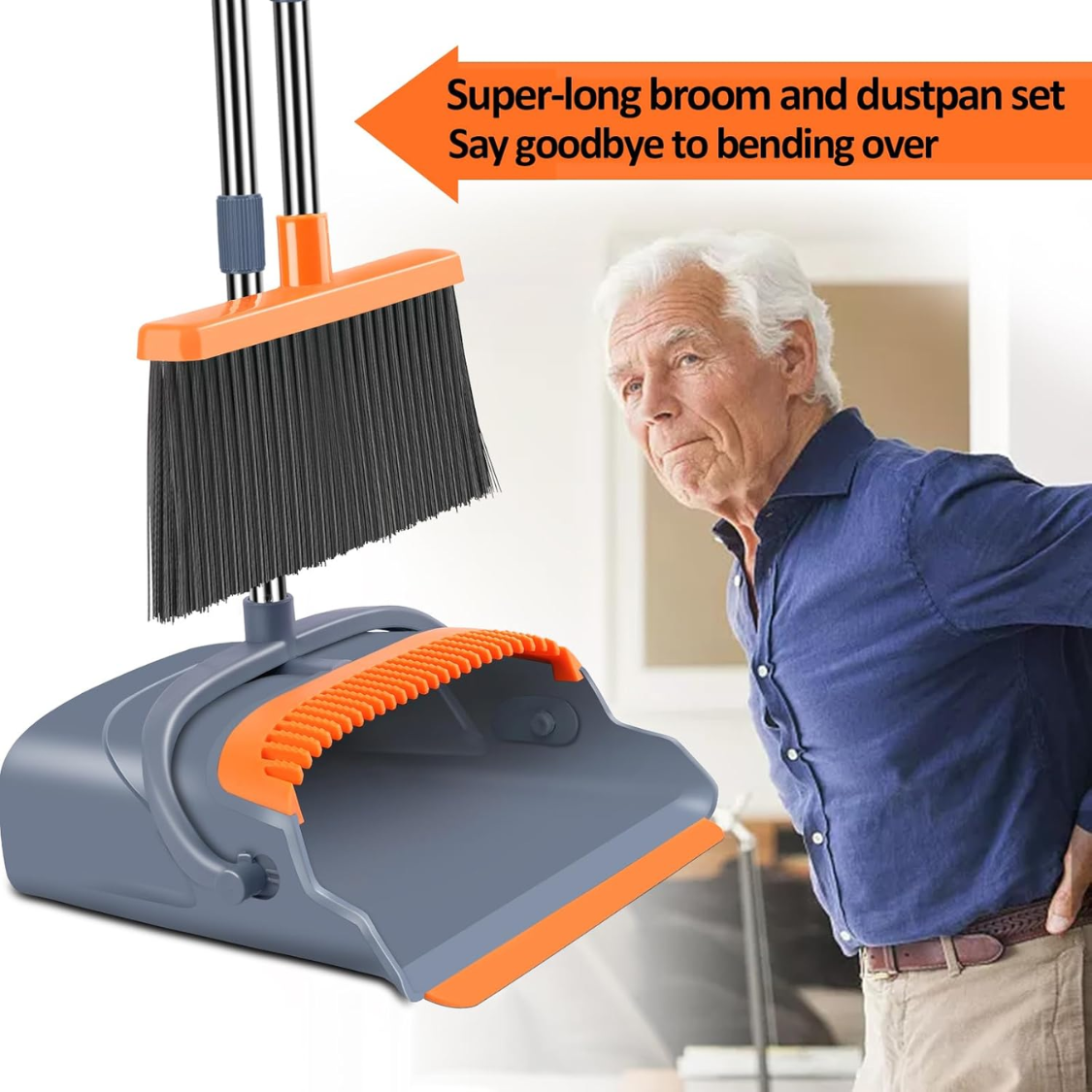 Upgrade Broom And Dustpan Set, Self-Cleaning With Dustpan Teeth, Indoor&Outdoor Sweeping, Ideal For Dog Cat Pets Home Use, Stand Up Broom And Dustpan Gray&Orange — foto 4