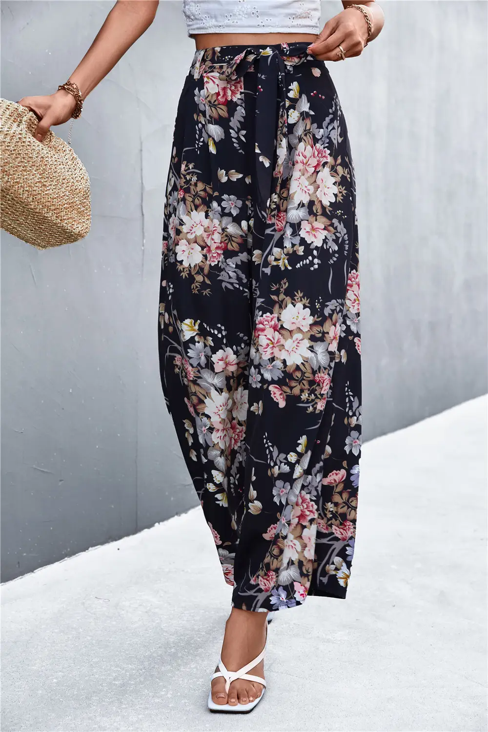 Printed Tie Casual Wide Leg Trousers