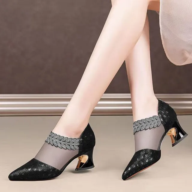 Leather Block Heel Hollow Breathable Roman Baotou Mesh Sandals Black - Shop at LoveMi