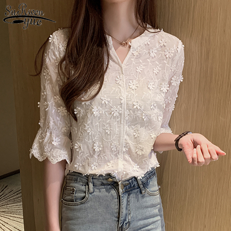 Lace Shirt Women Retro Flared Sleeve Western Style Small Shirt Embroidered Blouse