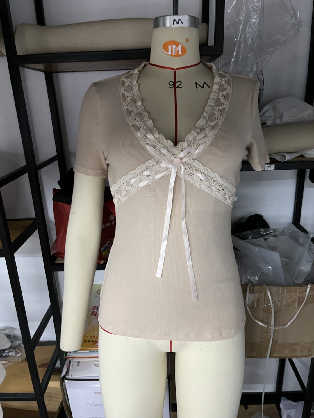 Knitted Bow Lace Deep V-neck Short Sleeve T-shirt