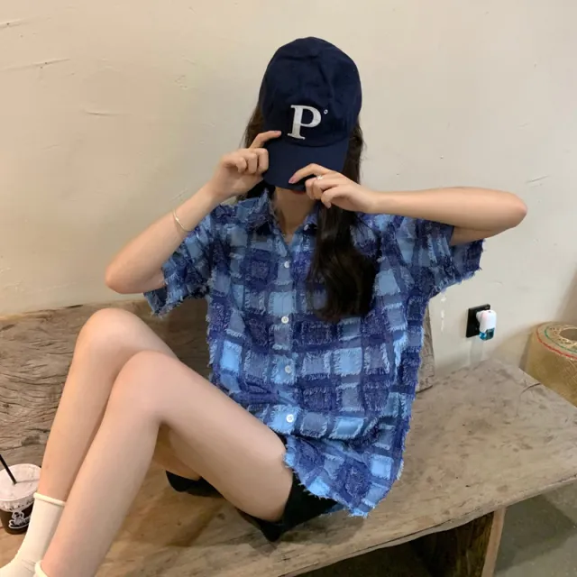 Fashion Small Crowd Tassel Plaid Shirt Blue - Shop at LoveMi