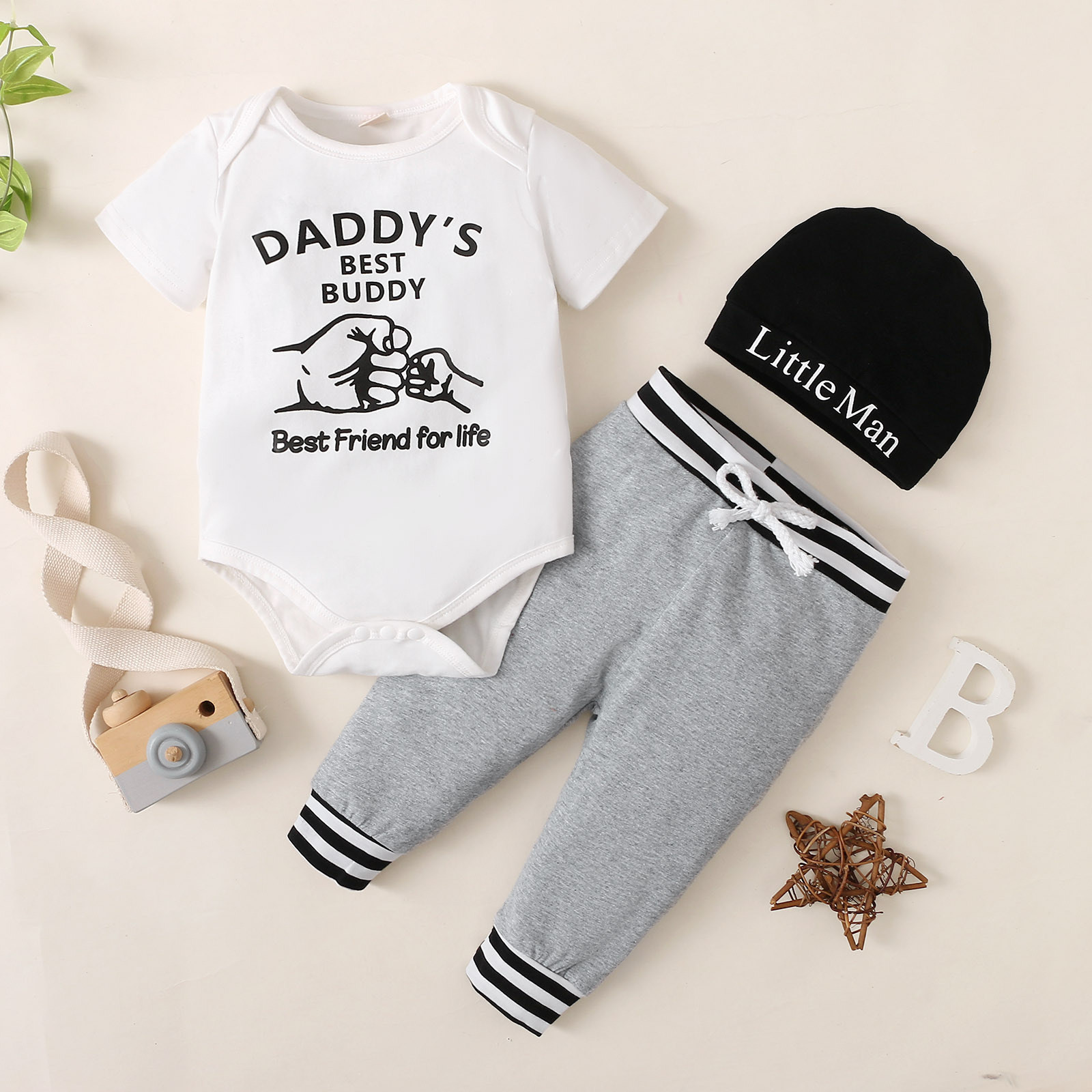 Monogram Print Short Sleeve Top Solid Color Trousers 3 Piece Suit