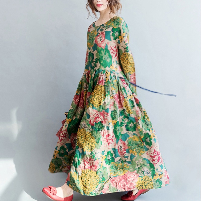 2026 Ethnic Print Long Sleeve Midi Dress, Plus Size