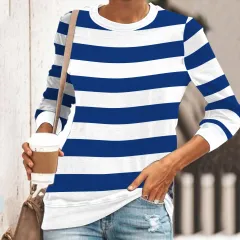 3D Printed Loose Casual Striped Round Neck Long Sleeve T-shirt - Qcx7991-M - View 1