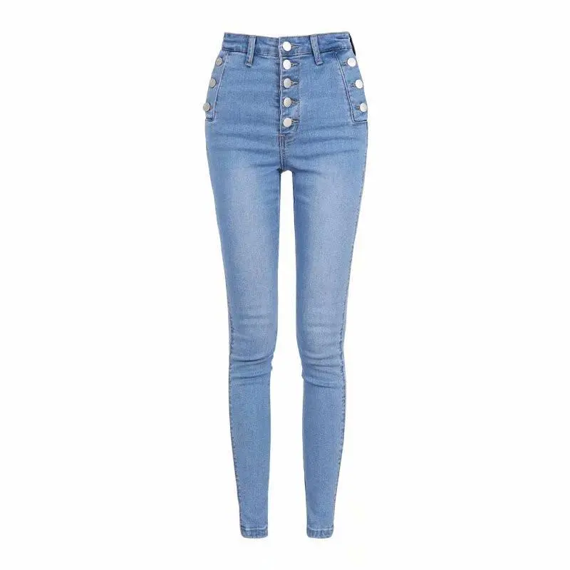 Women's High Waist Button Down Thickened Jeans - Light Blue