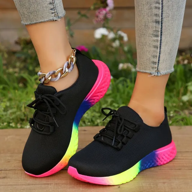 Lace up Mesh Shoes With Rainbow Sole Design Fashion Walking Running Sports Shoes Sneakers For Women Black - Shop at LoveMi