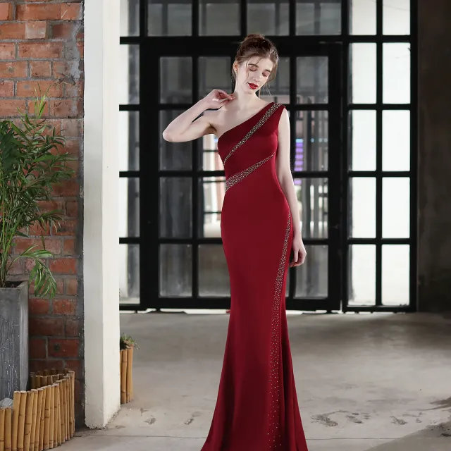Toast Dress Bride Long One shoulder Thank You Banquet Slim Fishtail Skirt Wine Red - Shop at LoveMi