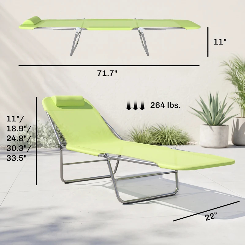 Folding Chaise Lounge Pool Chairs, Outdoor Sun Tanning Chairs With Pillow, Reclining Back, Steel Frame & Breathable Mesh For Beach, Yard, Patio, Green