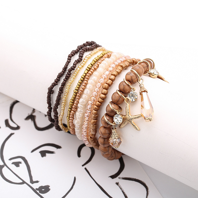 Ocean Wind Alloy Starfish Pendant Multi-layer Rice Bead Bracelet