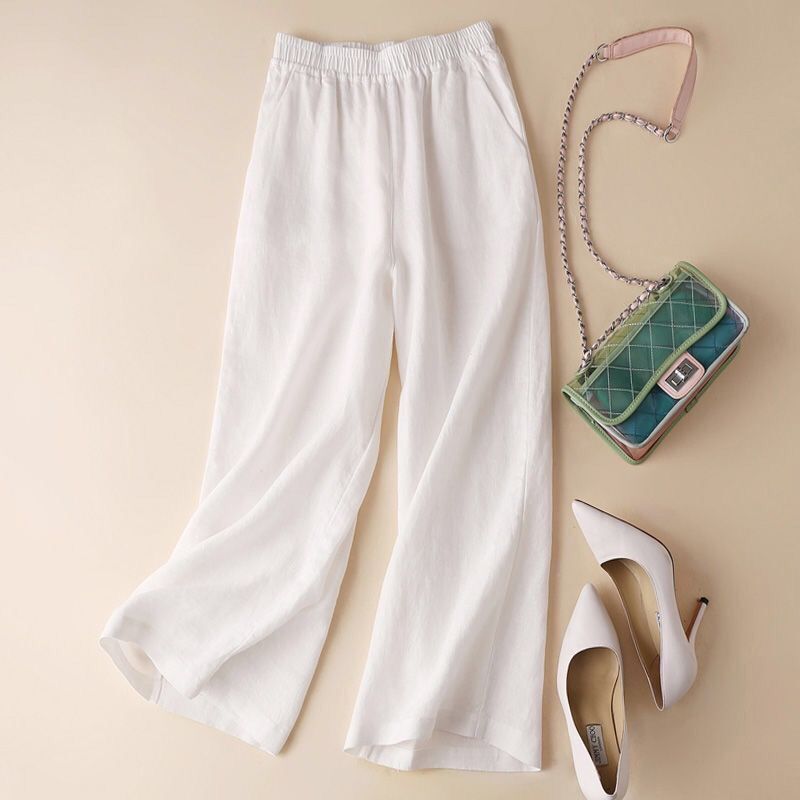 Title 4, Asian Cotton Wide Leg Pants Solid Color Women