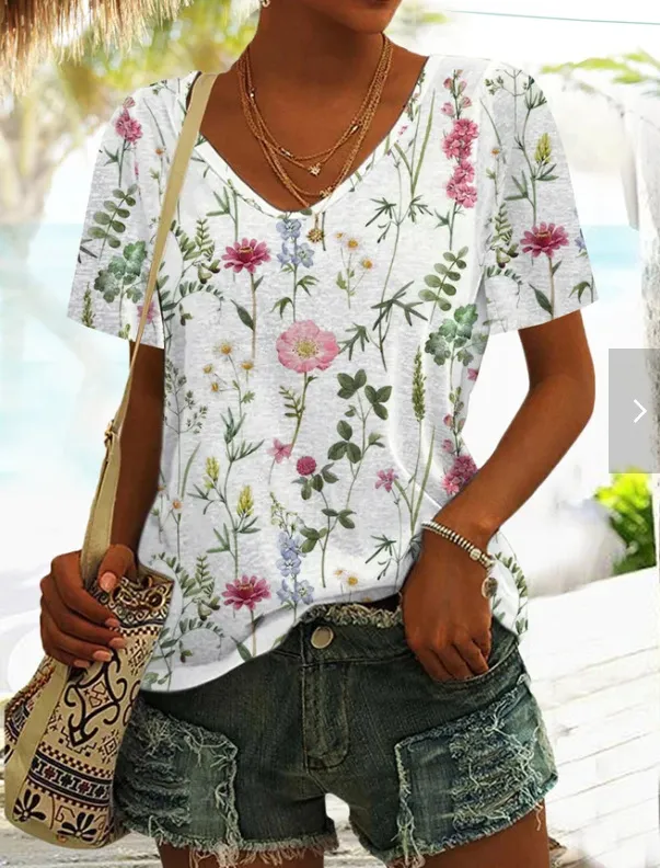 Digital Printed Bottoming Shirt Short Sleeve V neck T shirt Style3 - Shop at LoveMi