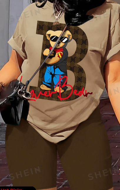 Slayr Bear Print T-Shirt And Solid Color Shorts 2pcs Set