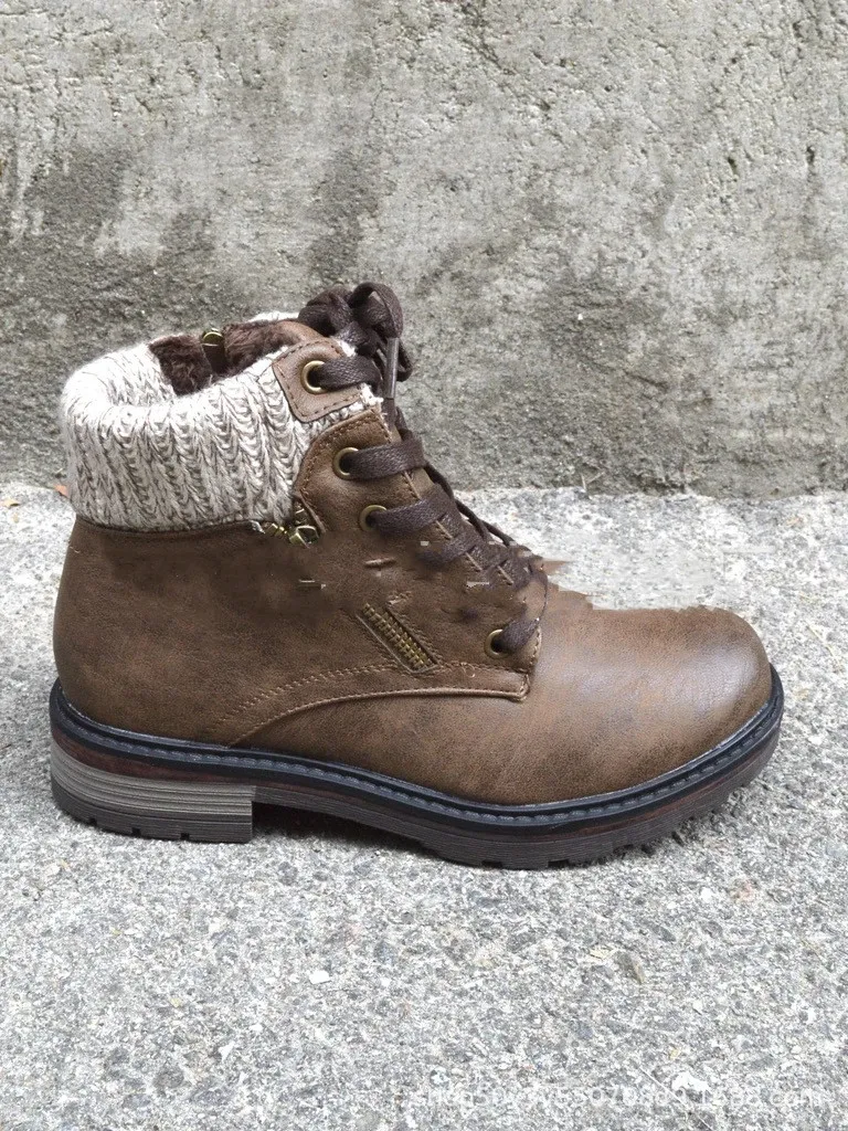 Low Heel Lace European And American Retro Cotton Boots Wool Stitching - Khaki
