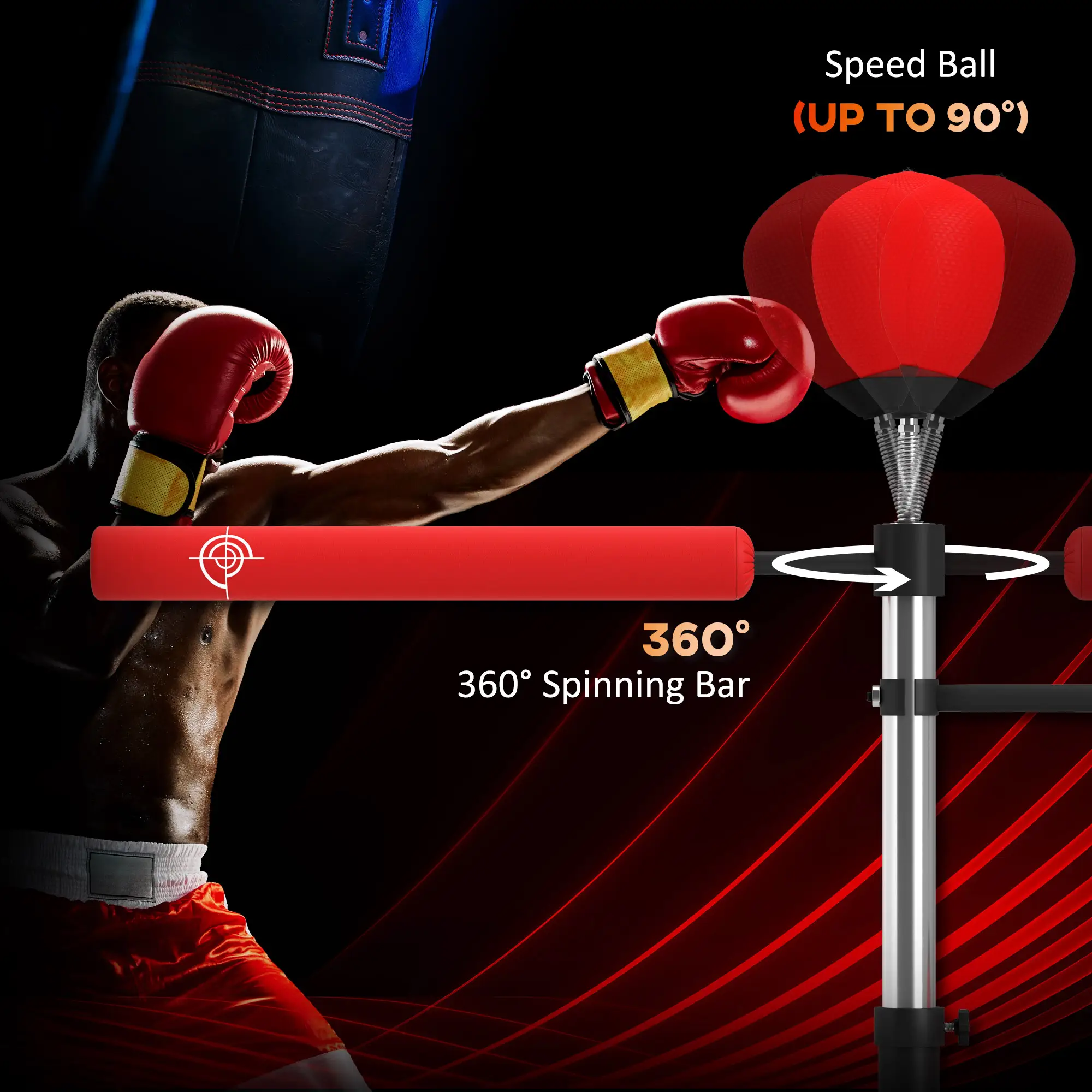 4-in-1 Boxing Punching Bag Stand With 2 Speedballs, 360Relax Bar, & PU-Wrapped Bag & Adjustable Height, Red,For Multiple Packages Shipped, Please Pay Attention