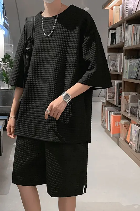 Waffle Short-sleeved T-shirt Loose Five-point Sleeves Japanese Suit