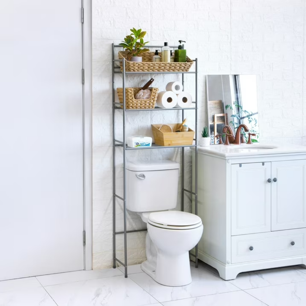 Over-the-Toilet Bathroom Storage Shelf Unit Set With Space Saver, Basket And Hooks, Satin Nickel, 4-Piece
