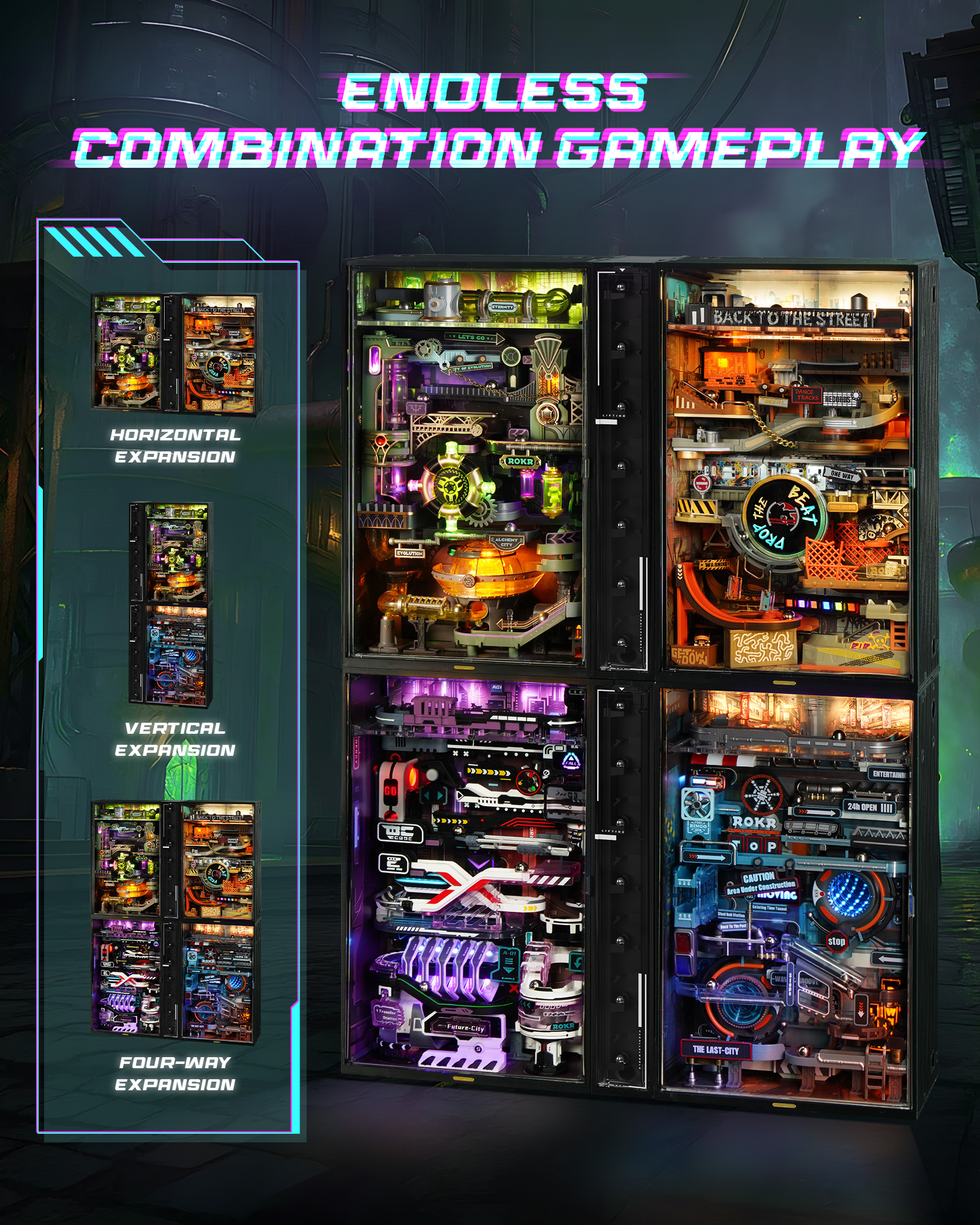 ROKR Parallel World Series - Alchemist's City Pinball Track Model MR04S - 3D Glowing Fantasy Track, Adult Cyberpunk Desktop Ornament, DIY Model Assembly Kit