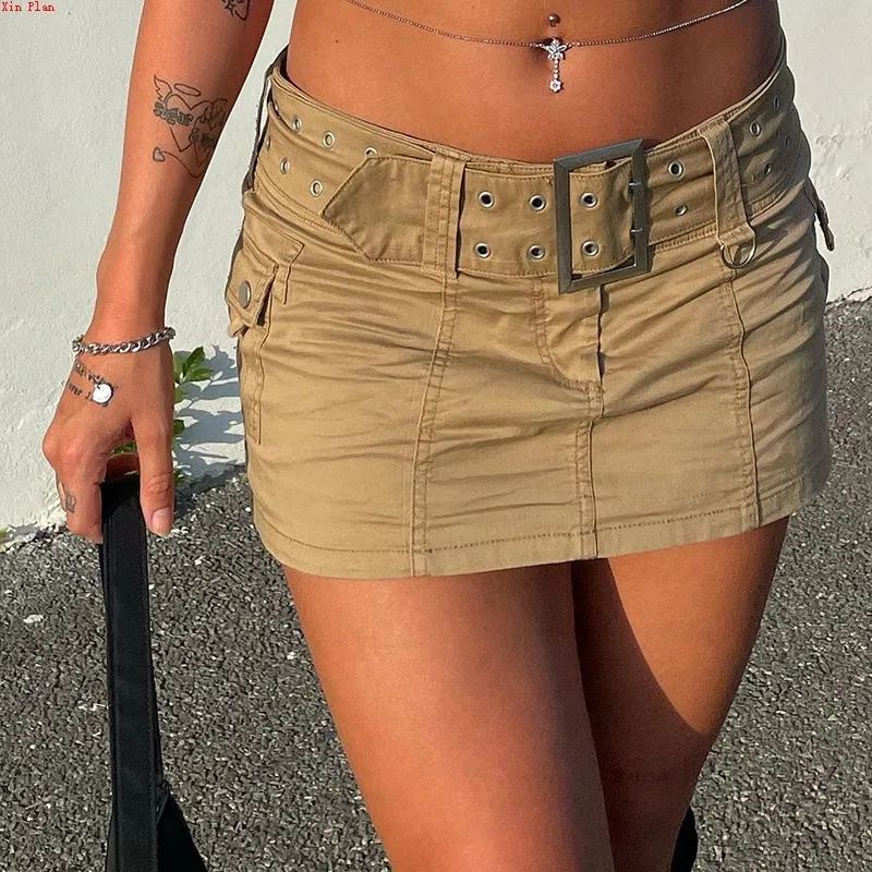 Retro Low Waist Denim Skirt - Khaki