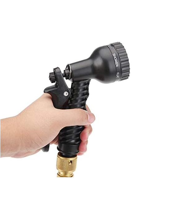 Flexible Garden Hose Set with Spray Gun. Can be extended to the corresponding 25, 50, 75, 100FT when filling with water. Once water passing through the pipe, the pipe will extend its length; if there is no water passing, it will shrink back to its origina