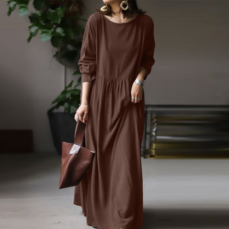 Cotton Solid Color Temperament Commuter White Pullover Dress Brown - Shop at LoveMi