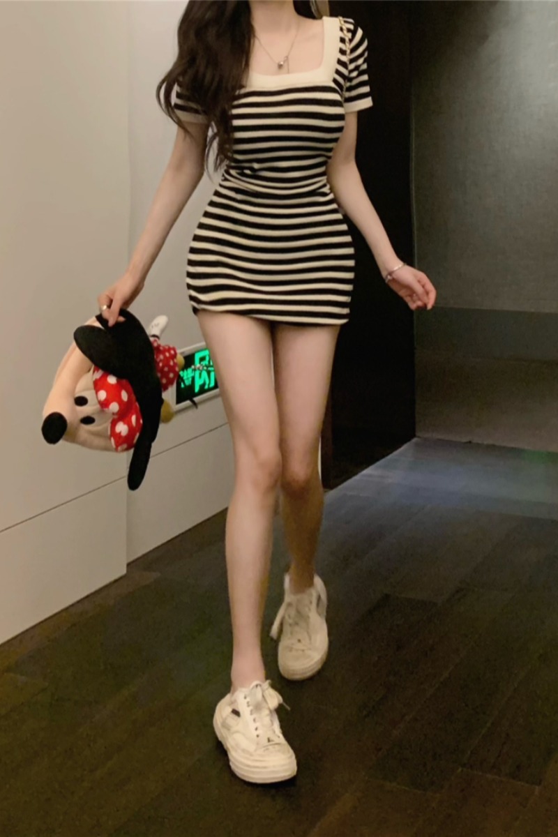 Sweet Spice Girls Striped Square Neck Short Sleeve Dress