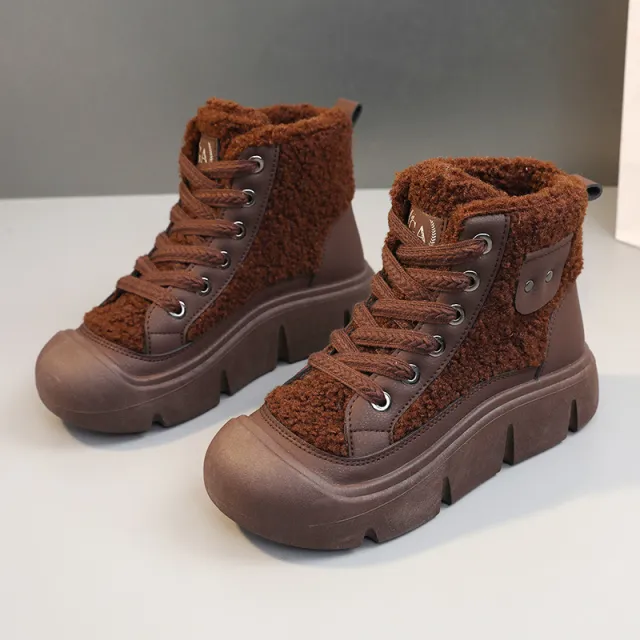 Lace up High top Flat Shoes For Women Winter Warm Cashmere Snow Boots Fashion Street Campus Students Height Increasing Shoes Coffee - Shop at LoveMi